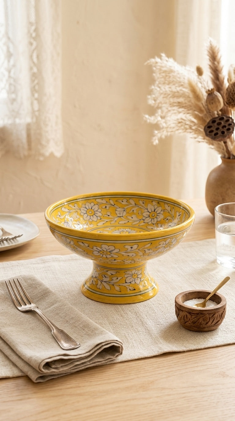 Marigold Feast Blue Pottery Stand Bowl